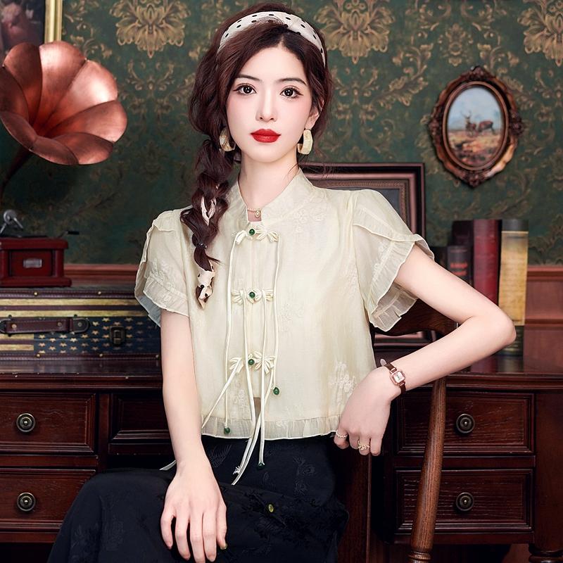 Fashion New Summer Chinese Style Short Sleeve Stand Collar Embroidery Chiffon Blouse Shirt Women Tops J388