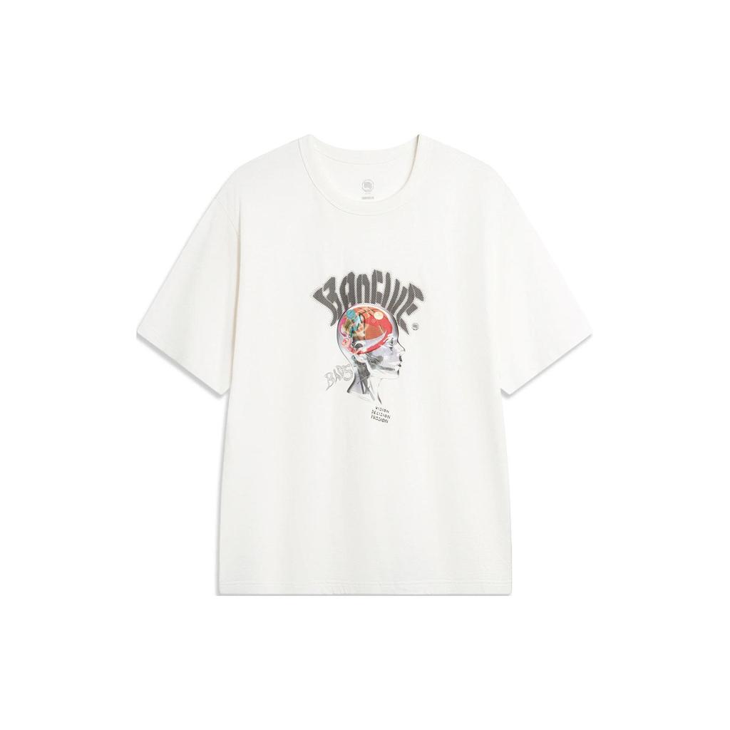 Li Ning Badfive Tactical Letter Print Casual Loose Round Neck T-Shirt Men Tops Off-White AHSU431-2