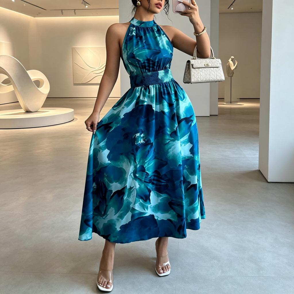European and American women's 2026 summer halter waist-cinching sleeveless ruffle dress