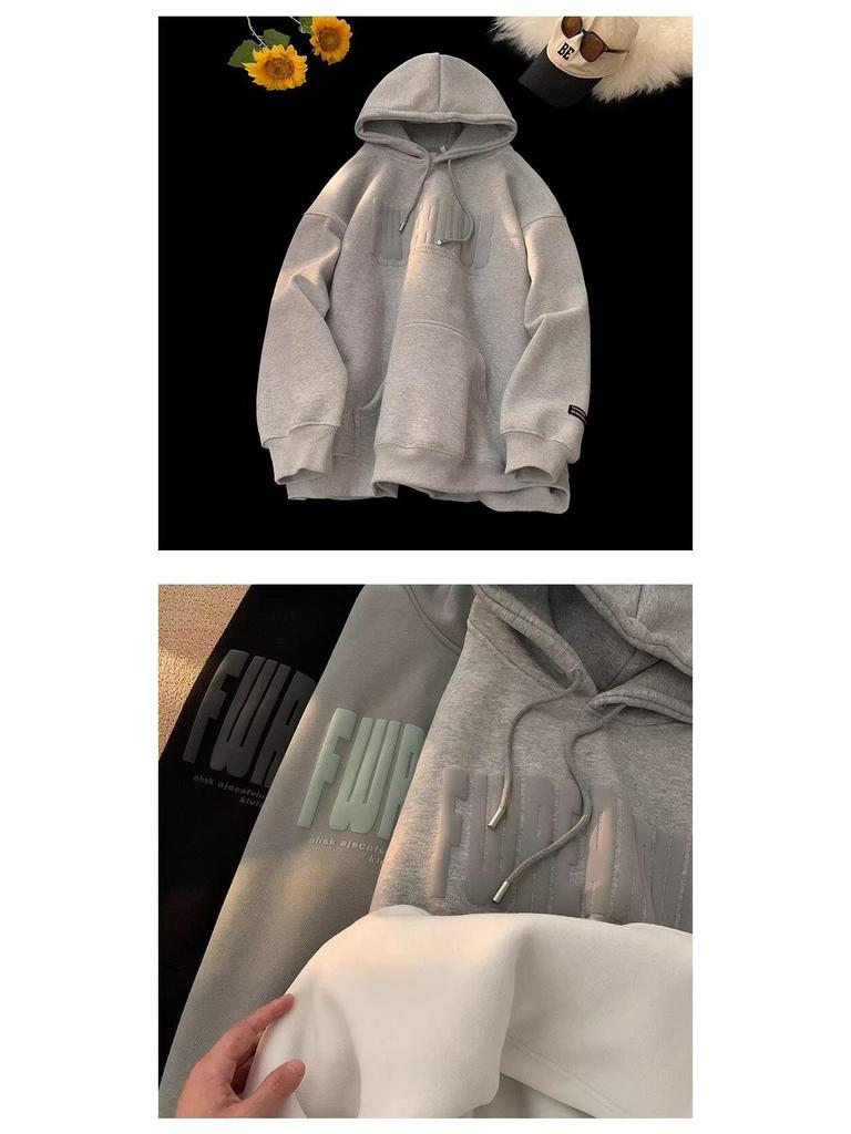 Unisex American-Style Heavyweight Hooded Sweatshirt - Men's Winter Loose Fit Casual Foam Print Top