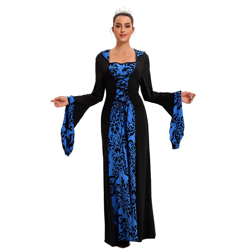 Women's Dinner Medieval Hooded Pendulum Dress Printed Retro Literary Long Sleeve Lace Up Waist