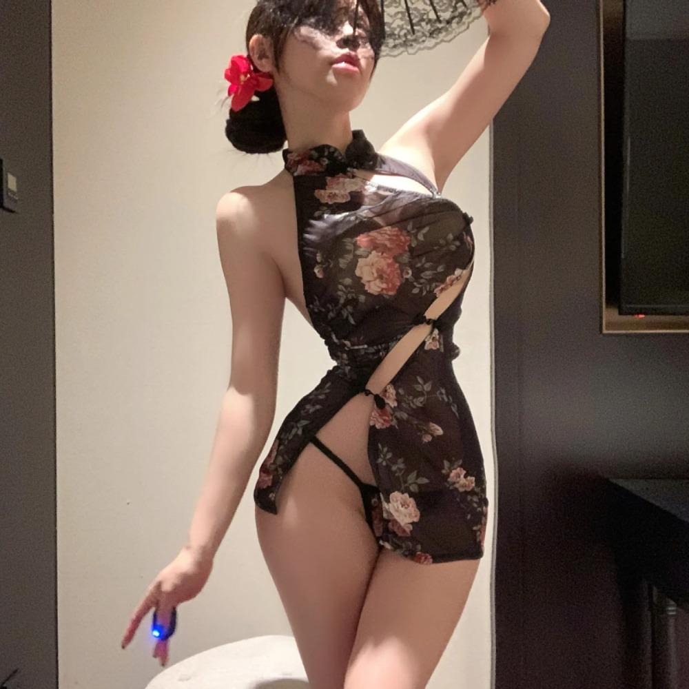 Passionate Chinese Cheongsam Lingerie See-Through Print Bodycon Skirt Seductive Costume