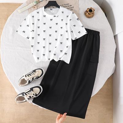 Girls Suits Children Clothing 2025 Summer New Fashion Bow Printed Short Sleeve Top Shirt + Skirt 2 Pieces Sets