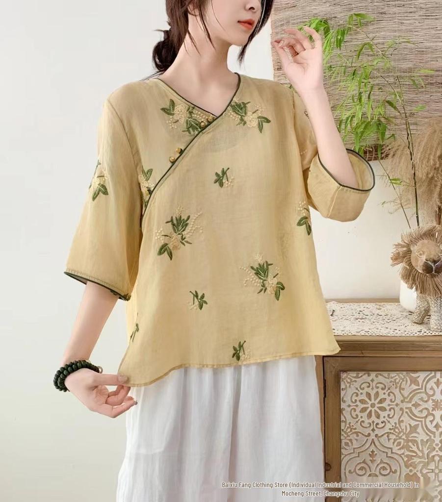 2026 Summer V-Neck Chinese Style Embroidered Ramie Shirt – Artistic Retro Women's Slanted Lapel Short Sleeve Top