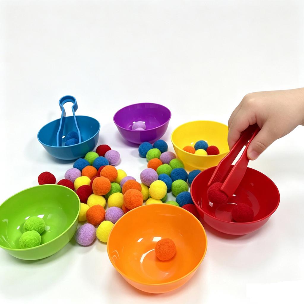 Toys for Toddlers, Color Sorting Bowls Set with Tongs and Pom Poms, Fine Motor Skills Preschool Learning Activity for Hand-Eye Coordination