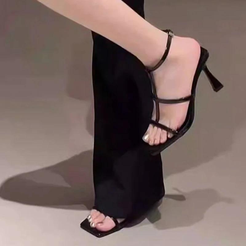 Fashion Women's Thin Strap Anckle Buckle Sandals Luxury Square Toe Thin Heel Sandalias Female High Quality Party Platform Sandals Mujer