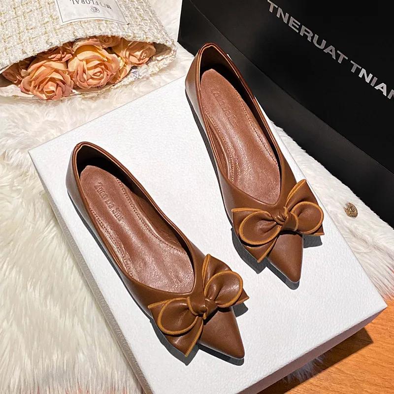 New Women Leather Flat Shoes Beautiful Pointed Toe Casual Boat Shoes Fashion Bowknot Slip-on Loafers