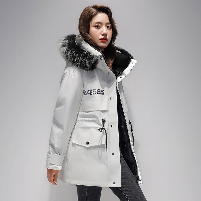 Yiliteng Women's Mid-Length Hooded Down Jacket with Raccoon Fur Trim