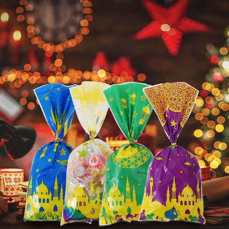 100pcs Eid Mubarak Gift Bags with Rope Moon Stars Biscuits Packaging Holder