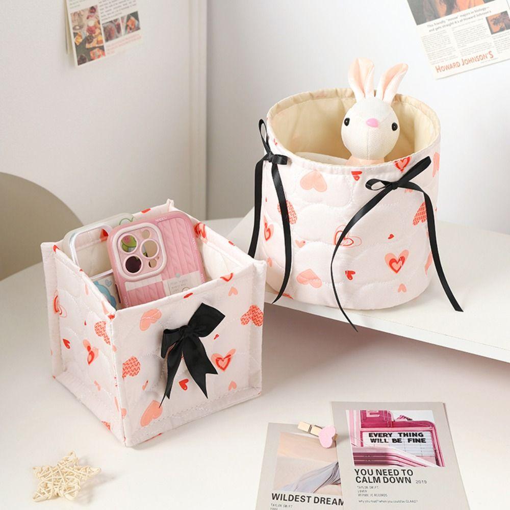 Square Desktop Storage Basket Bowknot Pattern Storage Frame Cute Organizer Box  Home Decoration