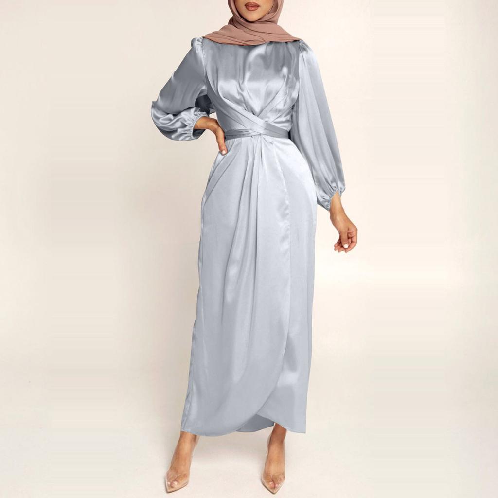Women's Fashion Solid Color  Long Sleeve Satin Soft Waist And  Dress