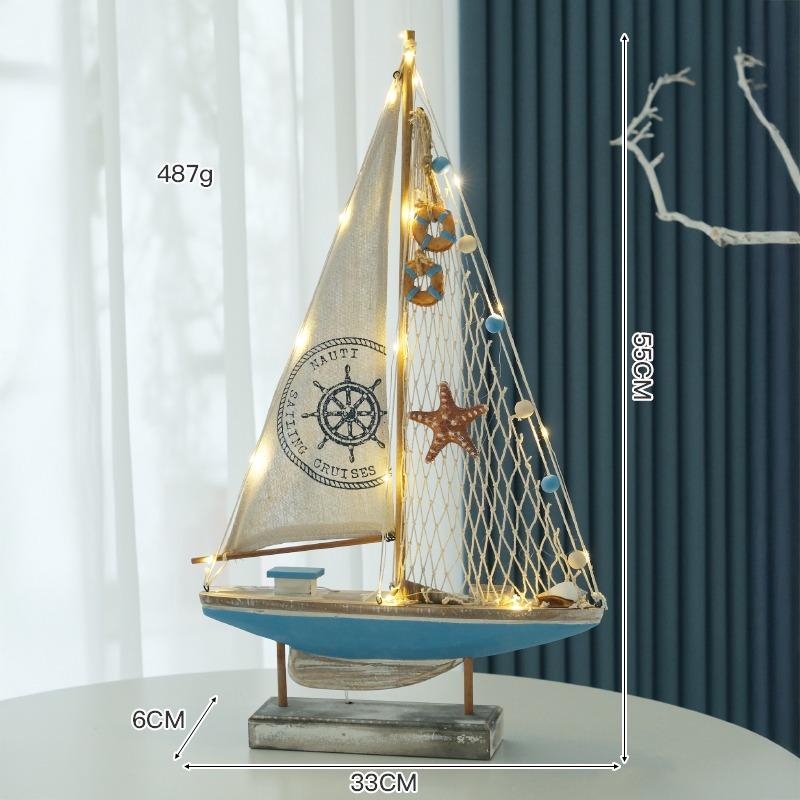 LED Wooden Sailboat Model, Nautical Mediterranean Style Home Decor, Coastal Sea Theme Tabletop Boat Ornament, Sailing Ship Gift