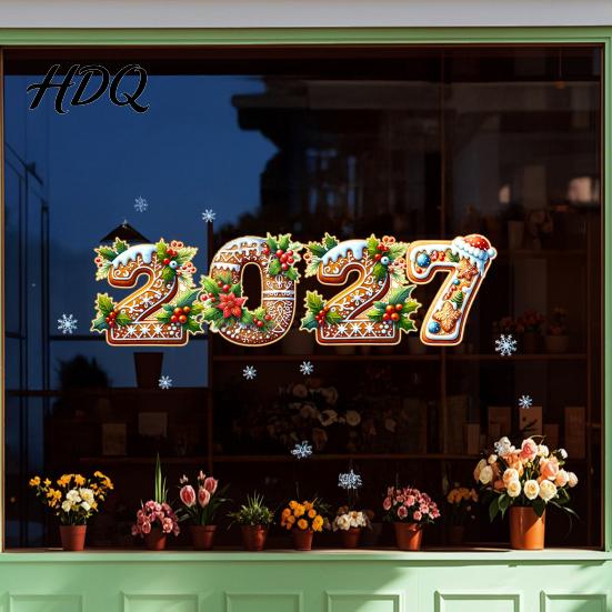 Storefront Holiday Decorations 2027 Gingerbread Christmas Static Window Clings Xmas New Year Decals with Santa Claus Glass Stickers Snowman