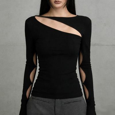 Summer New Style Hollow Design Long-sleeved T-shirt Simple Black Irregular Top for Women