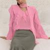 Talenza Casual Ribbon Shirt Summer Ruffle Long Sleeve Loose Office Lady Shirt Top Solid See Through V-Neck Pullover Women Blouse