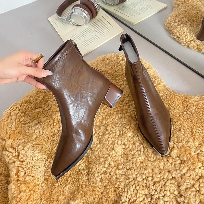 Thick Heel Metal Pointed Toe Women Ankle Street Banquet Party Dress Short Botas Autumn Winter for Adult Women