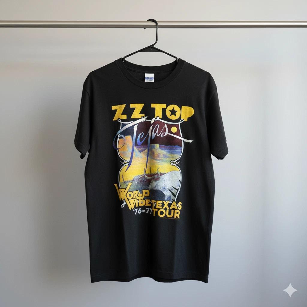 ZZ Top Texas World Wide Texas Tour 76–77 Graphic T-Shirt Black Unisex - T451 S