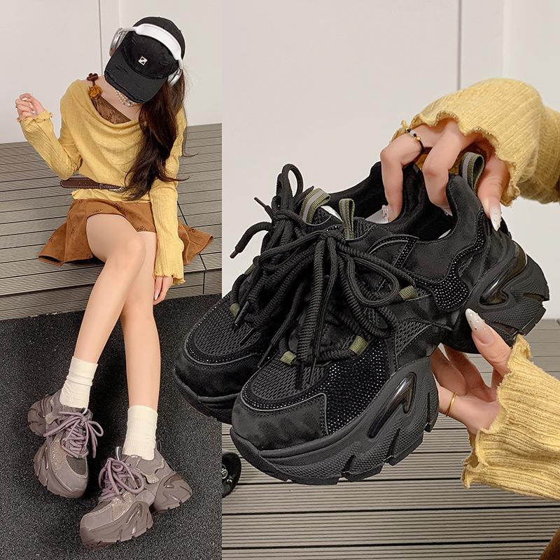 Versatile Rhinestone Dad Shoes for Women 2025 Autumn New Thick-soled Heightened, Breathable, Comfortable and Thin Retro Casual Shoes for Women