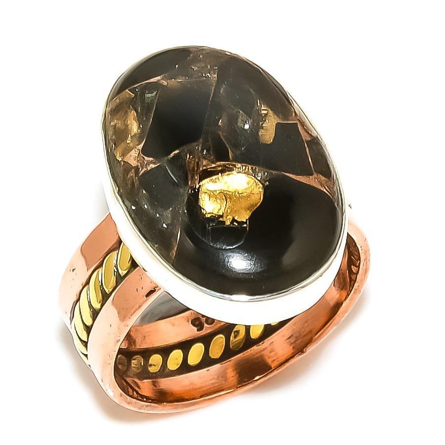 

Natural Copper Black Turquoise Two Tone 925 Sterling Silver Gift Ring S.6 I0h02