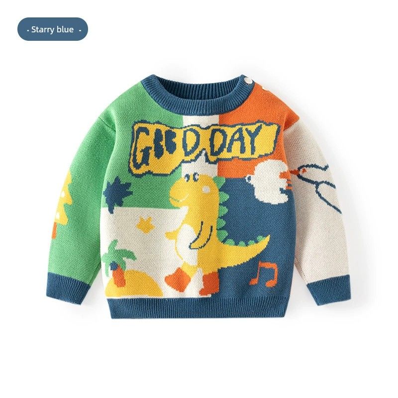 Colorblock Dinosaur Sweater Autumn and Winter Girls  Long-Sleeved Sweater Starry Sky Blue-No Velvet 110 cm