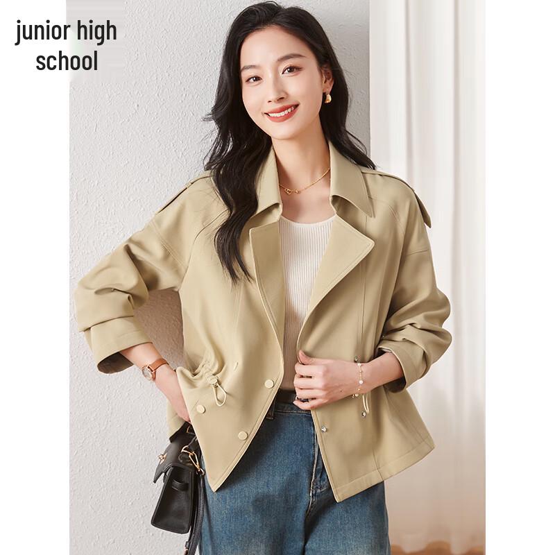 

Chushen Women s Stylish Lapel Short Trench Coat with Drawstring Waist L