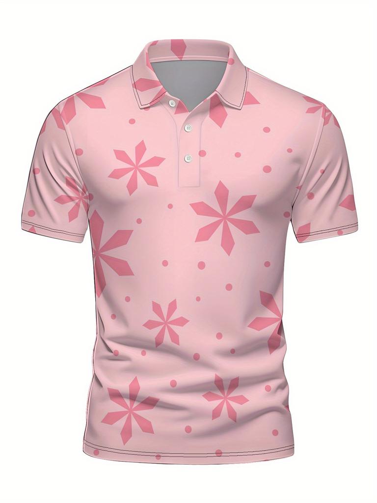 Men's Short-Sleeve Polo Shirt with Lapel Collar & Button Placket - Full-Body Christmas Print Button-Front Suitable for Dates, Beach Vacations, Machine