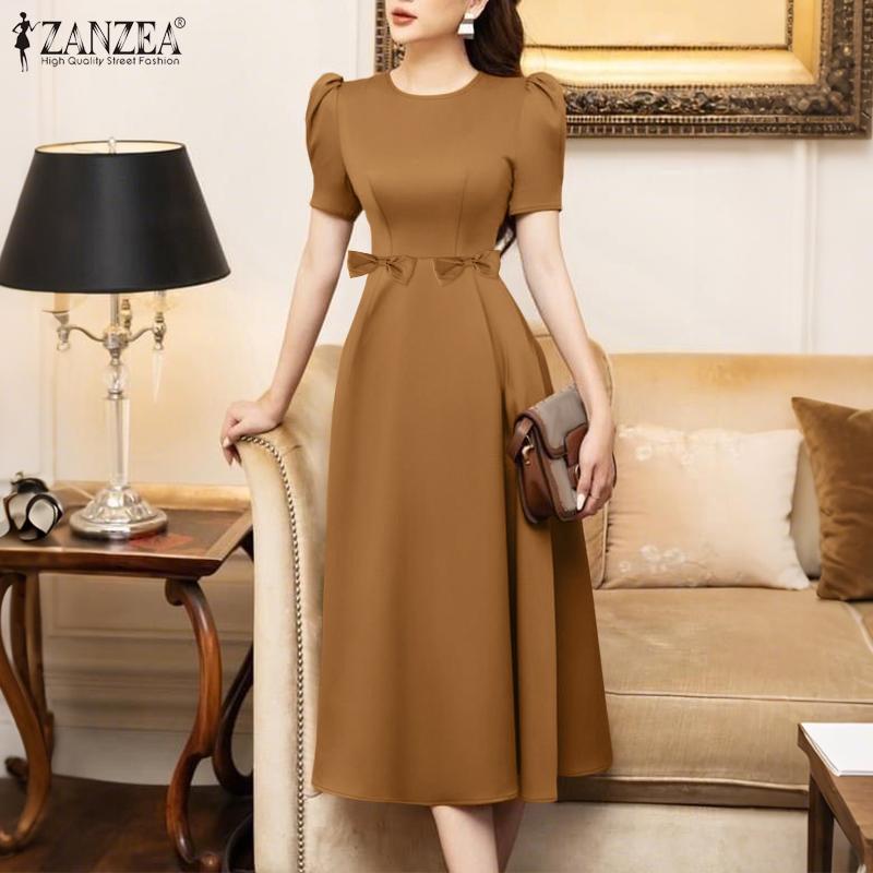 ZANZEA Women Casual Round Neck Solid Color Summer Short Sleeve Dress