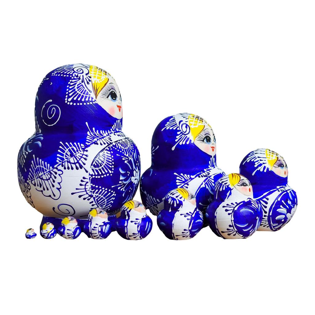 Russian Nesting Dolls 10 Pieces Hand Painted Toy Blue and White Porcelain Theme Traditional Russian Stacking Dolls