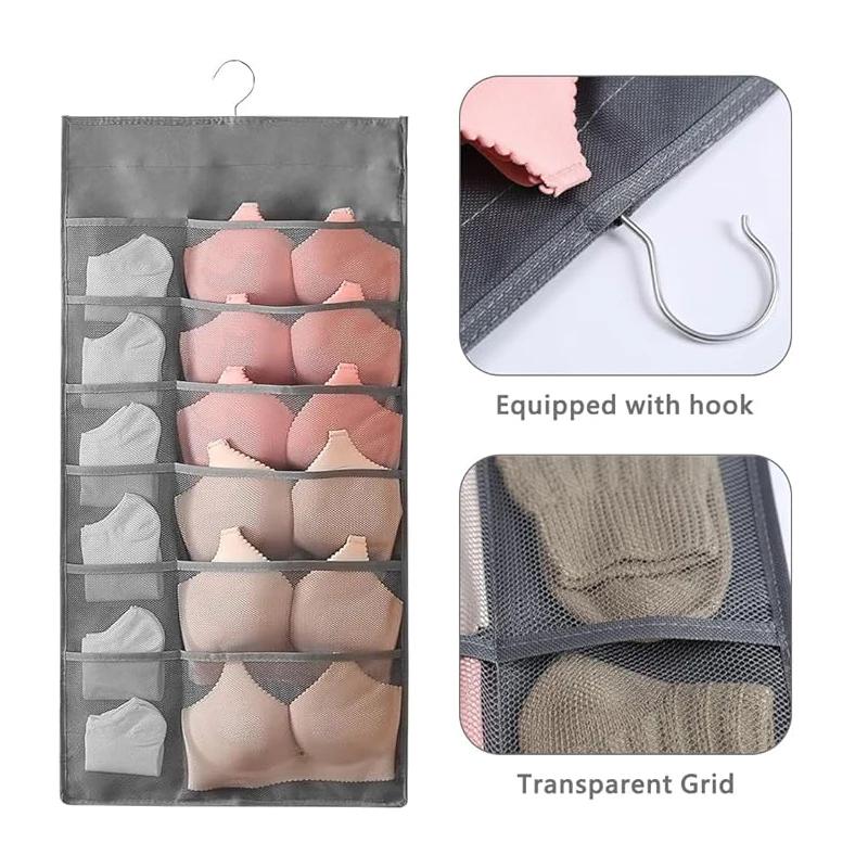 Hanging Bra Organizer with Pockets, Hanging Sock Organizer, Dual Sided Hanging Closet Underwear Storage Holder for Lingerie