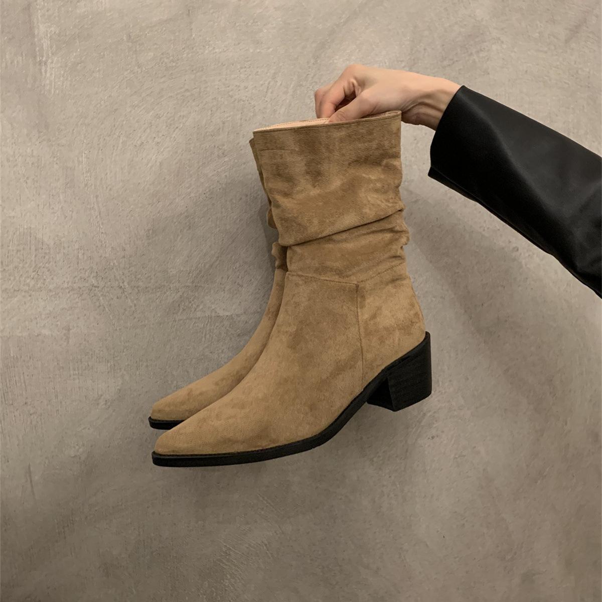 

French high-heeled pointed suede brown thin short boots women s shoes 2024 new spring and autumn single boots stacked boots 40 хакі