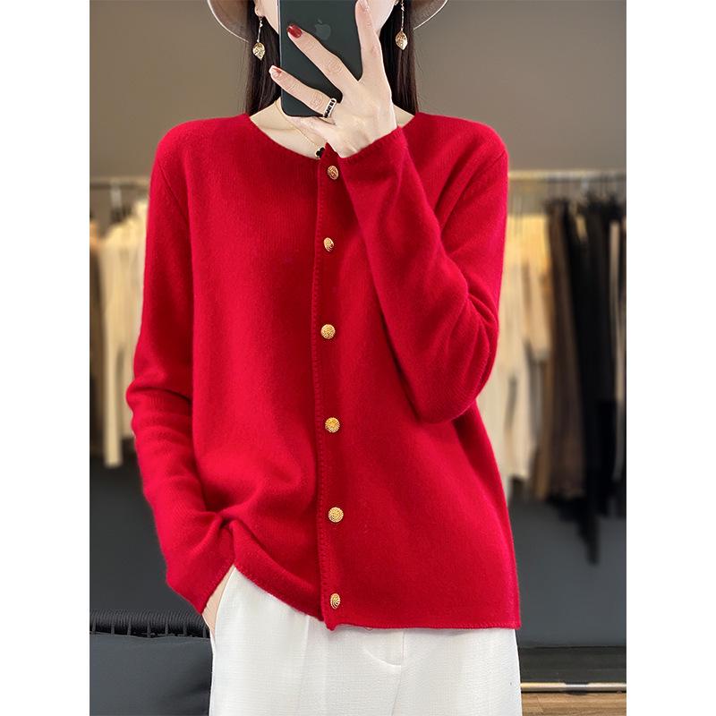 Women's 100% Wool Loose Slimming Round Neck Cardigan with Metal Buckle