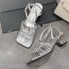 Fashion Summer New Sandal Square Head Fashion Open Toe Braided Fine Belt One Line Buckle Anti-slip Wear-resistant Heel Shoes
