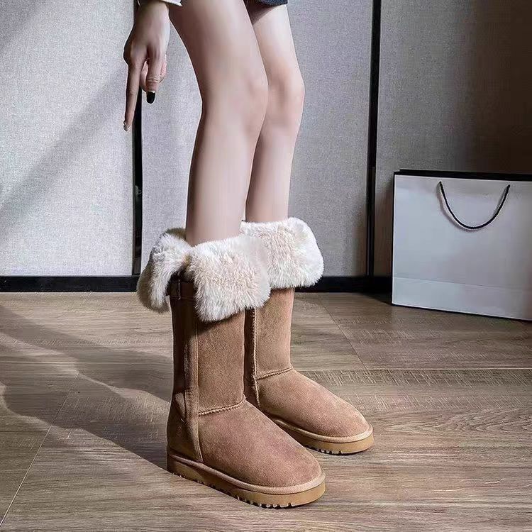 Warm and velvet snow boots for women wear brown thick-soled fluffy high boots 2025 autumn and winter new medium tube cotton shoes