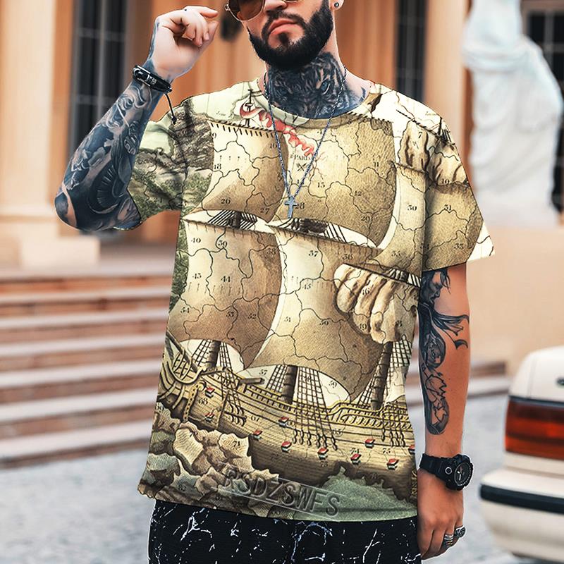 Hip-hop Retro Map Coordinate Tričko Pánské 3D strojový potisk Tričko nadměrné velikosti Street Summer Krátký rukáv 2022 Značka Top