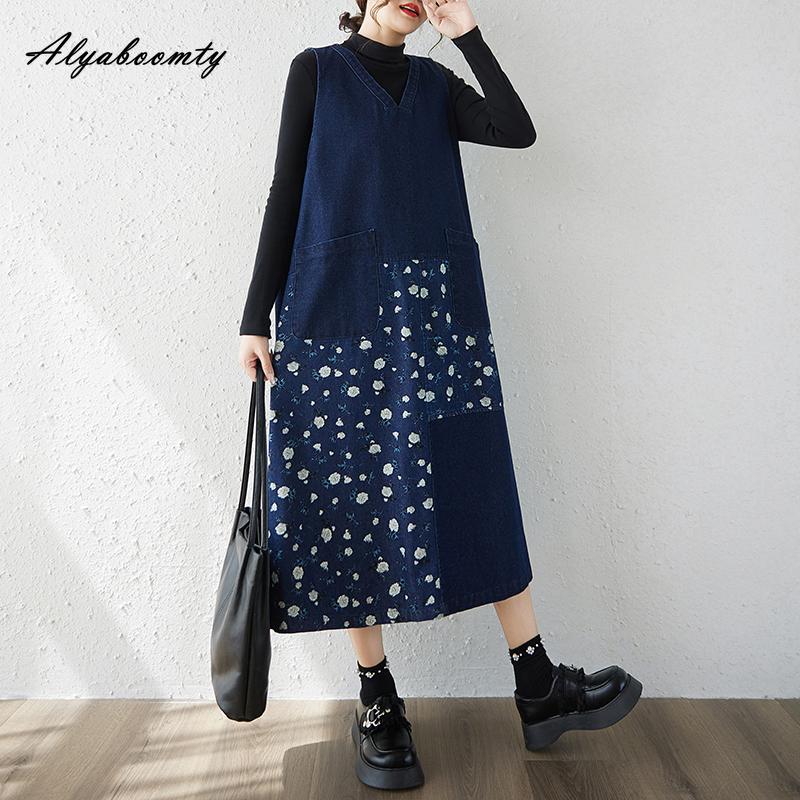 

Корейская мода больших размеров осень весна женский джинсовый сарафан V-образный вырез цветочный принт пэчворк оверсайз без рукавов платье повседневное свободное мешковатое платье-майка L