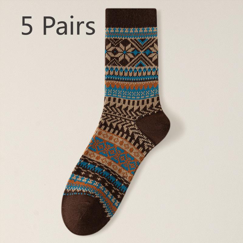 5 Paar Herren Neue Herbst- und Winter Retro Nationalwind Saugfähige Mittelrohrsocken