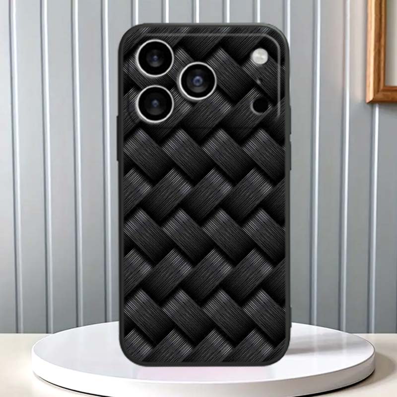 Black Carved Woven Texture Phone Case For Apple iPhone 17 16 16E 15 14 13 12 11 Pro Max Plus Black Soft Silicone