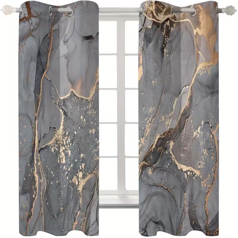 2 Stück Vorhänge mit Marmordruck und goldenem Faden, geeignet für Schlafzimmer-, Wohnzimmer-, Küchendekoration, Heimdekoration, Fensterdekoration