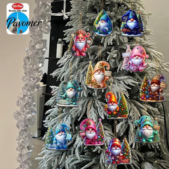 Festive Home Holiday Supplies 12Pcs Christmas Gnome Hanging Ornaments, 2D Flat Colorful Pendants, Acrylic Xmas Tree Indoor Party Wall Decorations with