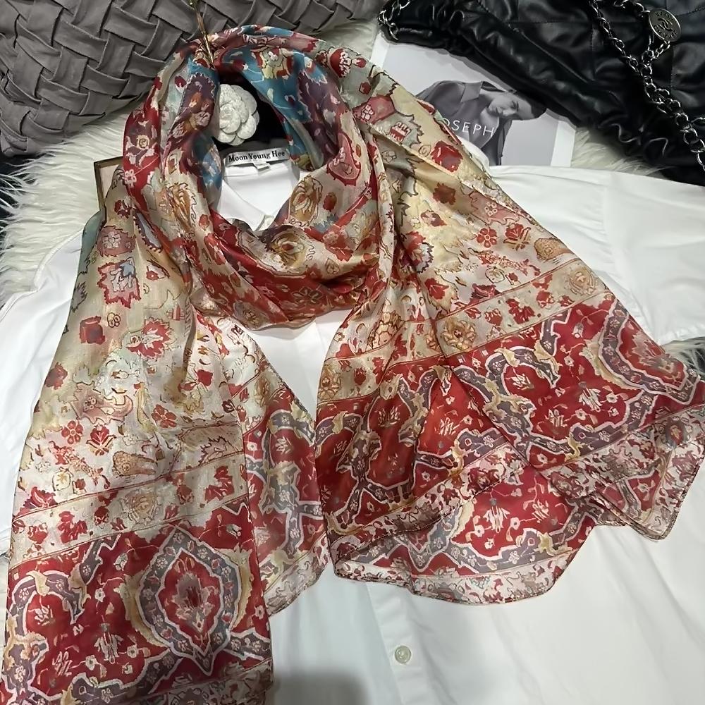 [BYSIFA] Silk Scarf Plus Size Broadened Silk Women's Silk Scarf Shawl Female Scarf New Winter Orange Coffee Women Long Scarves