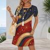 Women Plus Size White Round Neck Short Sleeve Star Printed A Line Midi Dress