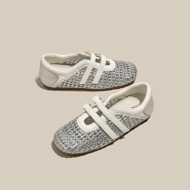 Woven Mary Jane Women's Shoes New Summer Hollow Breathable Sandals Silver Small Single Shoes with Skirt