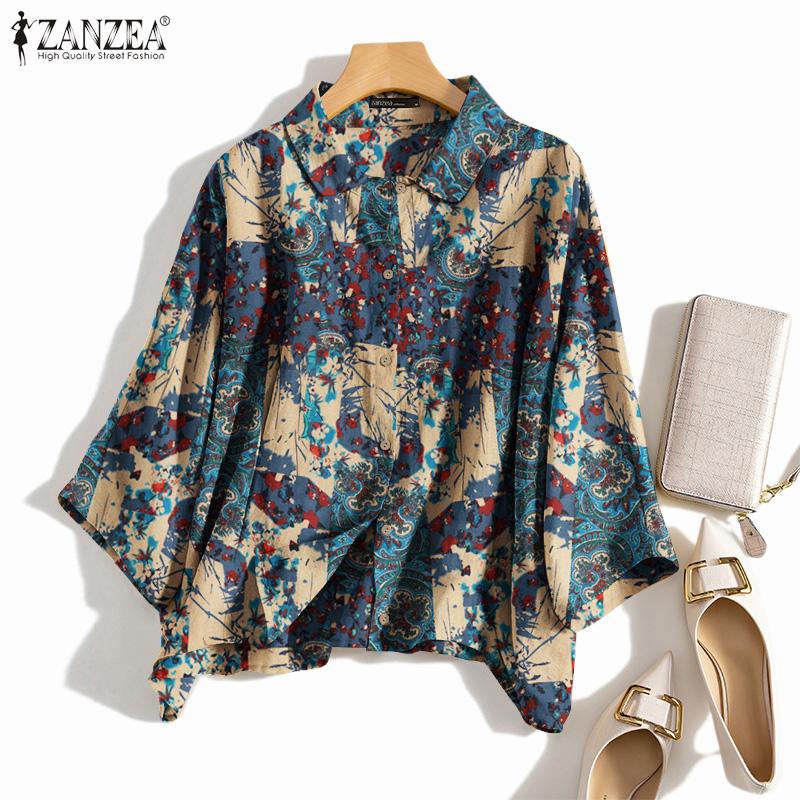 

ZANZEA Женская хлопковая повседневная летняя блузка с длинными рукавами и лацканами с принтом, рубашки