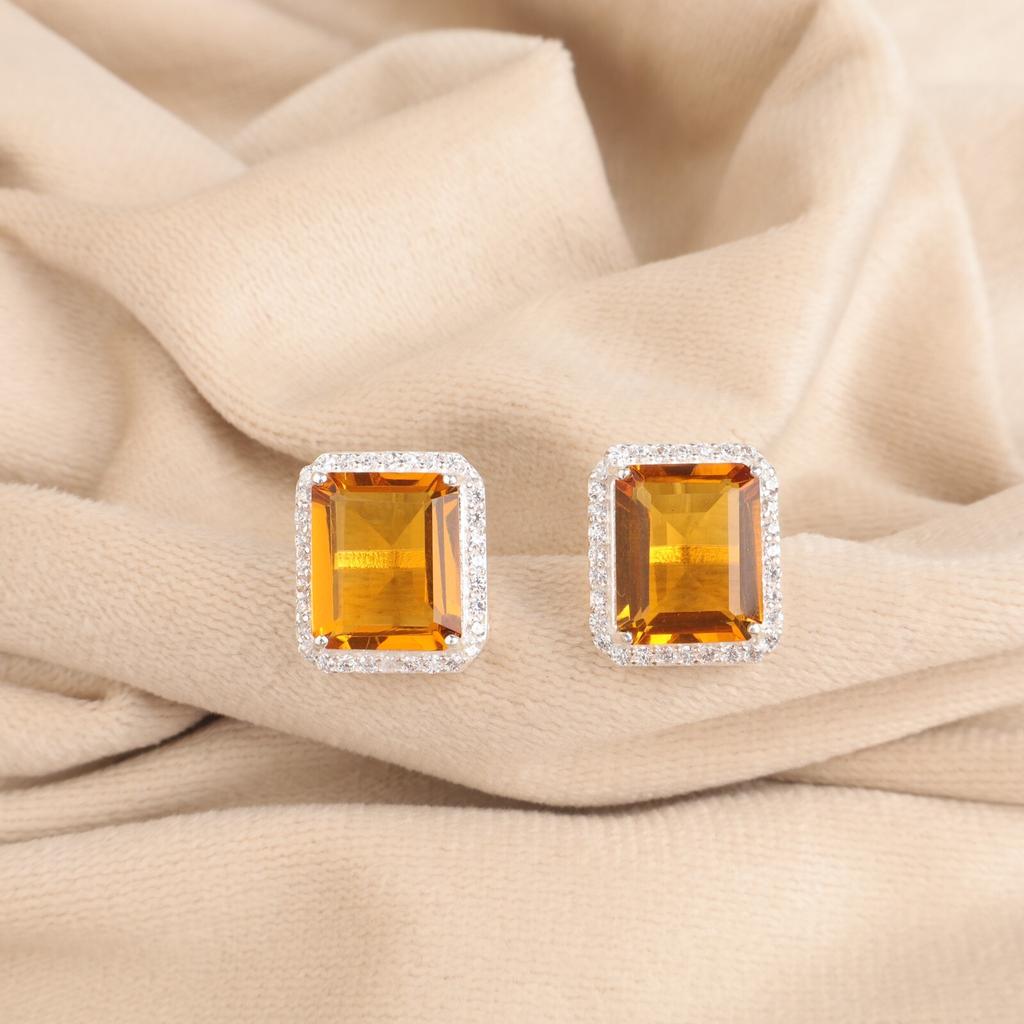 Citrine Gemstone 925 Stamped Silver Jewelry Zircon Earrings 0.57" For Women Gift CZE-6-2