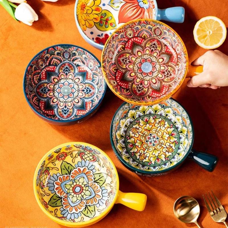 Bohemians Ceramic Handled Soup Bowl Serving Bowl Suitable for Oven and Microwave Safe Use Easy Cleaning Dishwasher Safe