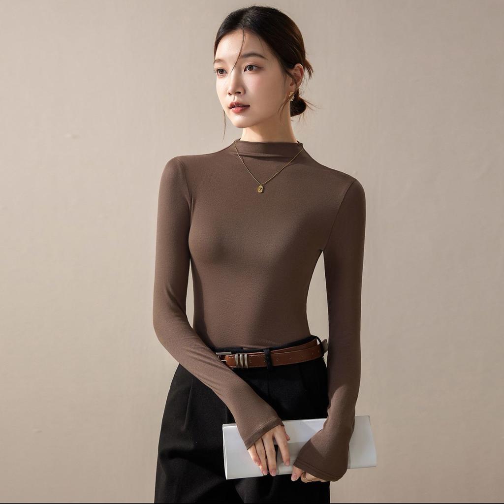 Women Fleece Mock Neck Thermal Tops Long‑Sleeve Slim Fit Basic Undershirt T‑Shirt M‑3XL