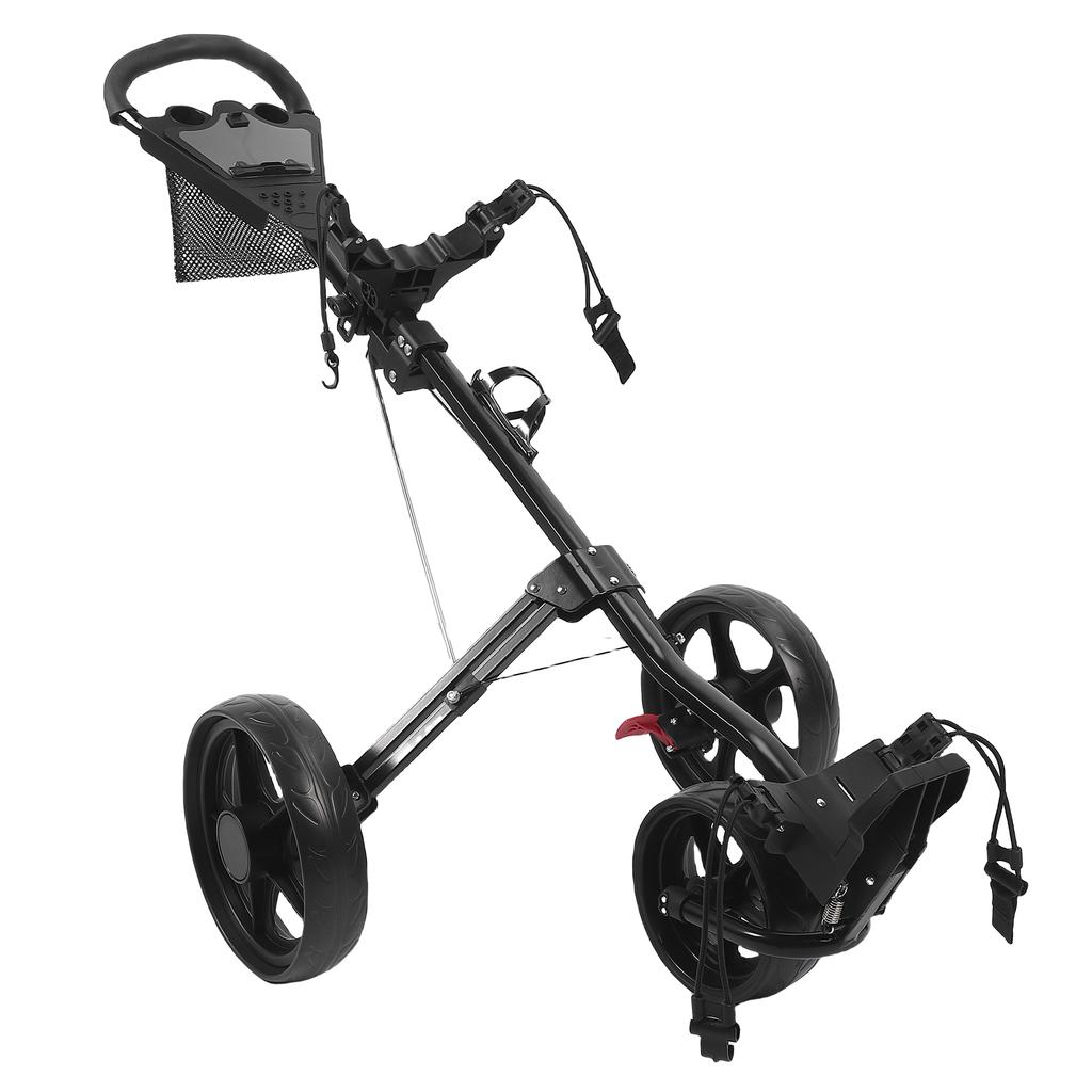 3 Wheel Folding Push Cart Portable Scorecard Holder Sports Bag Push Cart with Foot Brake Adjustable Buckle for Ball Tee