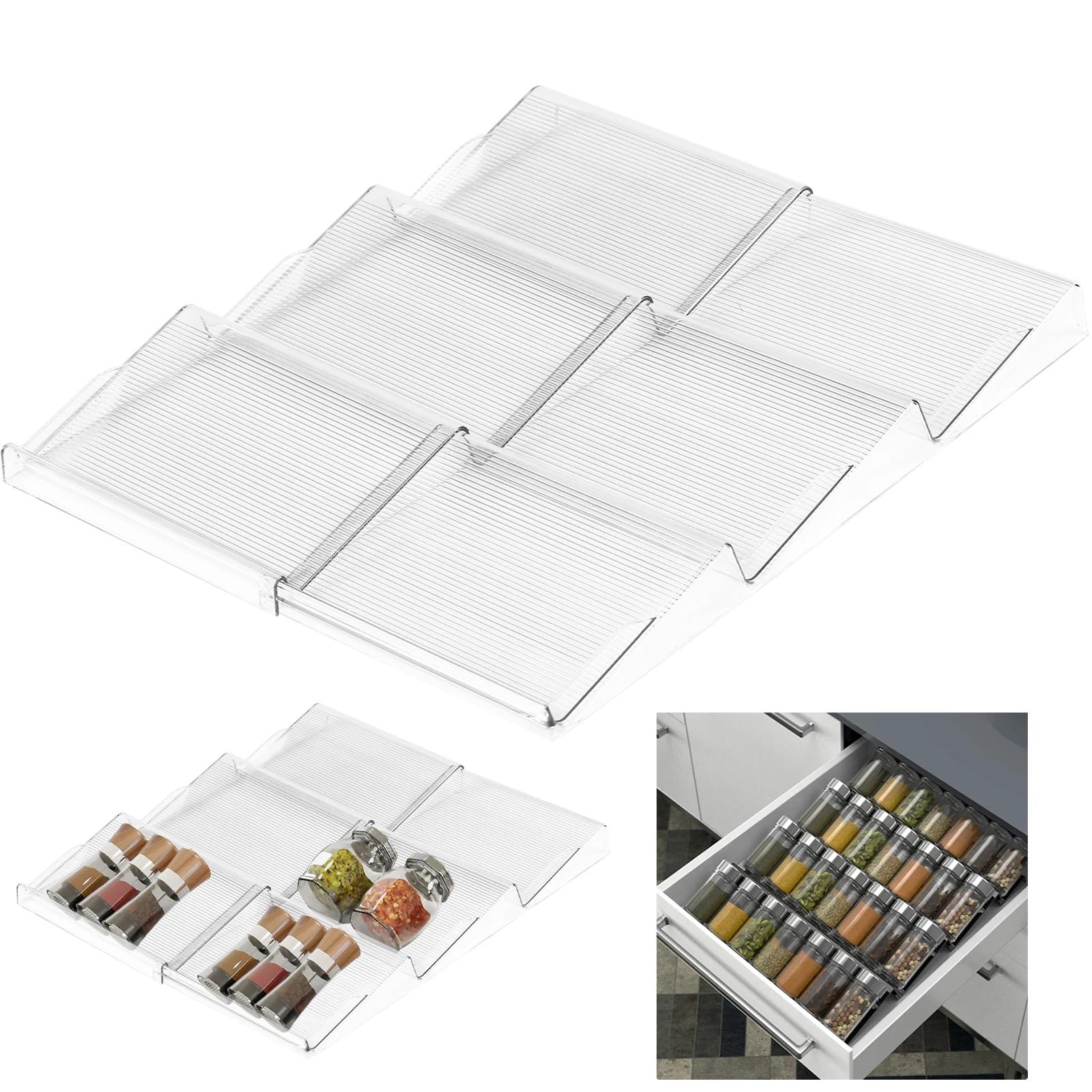 3 Layer Spice Drawer Organizer Expandable Spice Jar Rack Tray Plastic Seasoning Organizer Cabinet Kitchen Shelves for Countertop trasparente