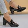 Fashion Soft Sole Spring New 2025 New Patent Leather Square Buckle Cuff Feet Block Heel High Heel Black Small Leather Shoes