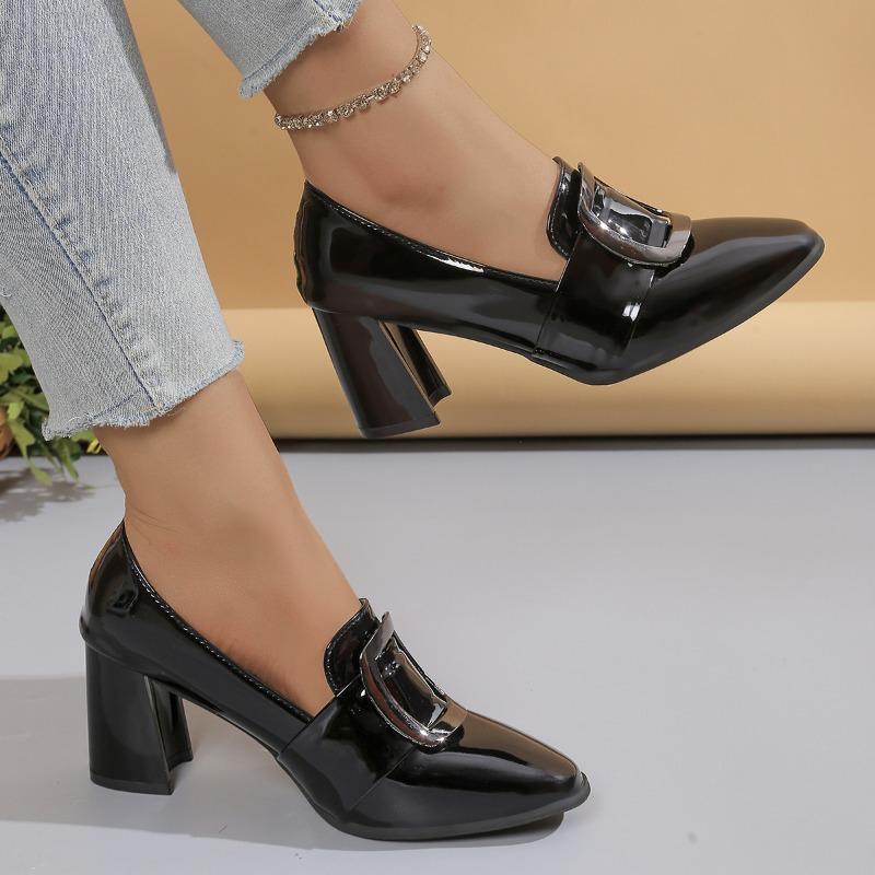 Fashion Soft Sole Spring New 2025 New Patent Leather Square Buckle Cuff Feet Block Heel High Heel Black Small Leather Shoes